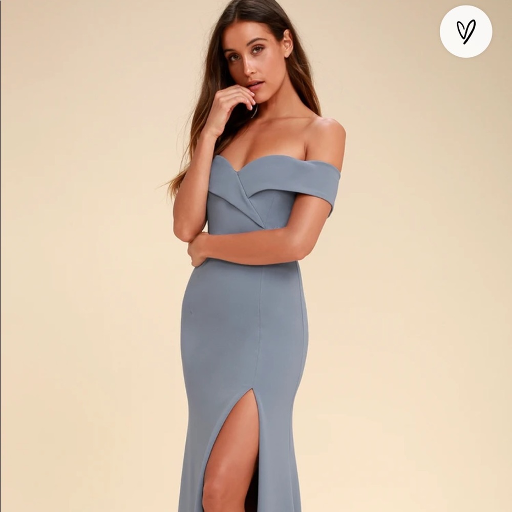 BRAND NEW Lulus Bridesmaid Off-Shoulder Dress in “Blue Grey”